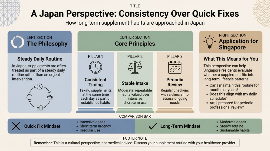 A Japan Perspective: Consistency Over Quick Fixes — infographic showing three core principles: consistent timing, stable intake, and periodic review, with a comparison of quick-fix versus long-term mindsets.