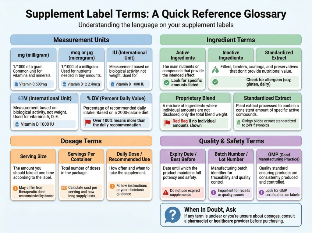 Supplement Label Terms: A Quick Reference Glossary — explains measurement units (mg, mcg, IU, % DV), ingredient terms (active, inactive, proprietary blend, standardized extract), dosage terms (serving size, servings per container), and quality and safety terms (expiry date, batch number, GMP).
